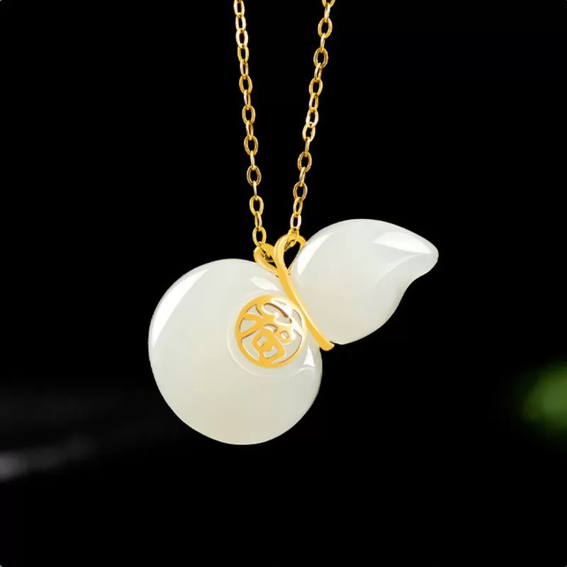 Blessings & Prosperity – Hetian White Jade Gourd Necklace in 18K Gold