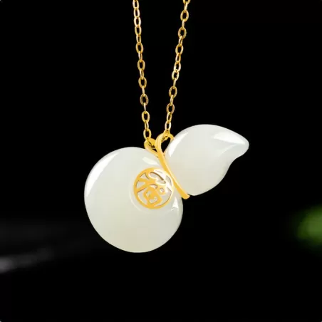 Blessings & Prosperity – Hetian White Jade Gourd Necklace in 18K Gold