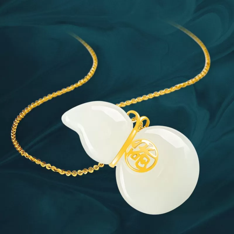 Blessings & Prosperity – Hetian White Jade Gourd Necklace in 18K Gold