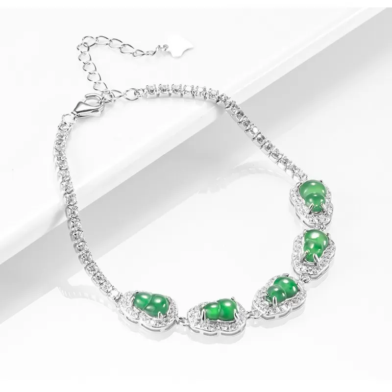 Green Jadeite Gourd Bracelet – Natural Ice Jade with S925 Silver | Elegant Women’s Jewelry