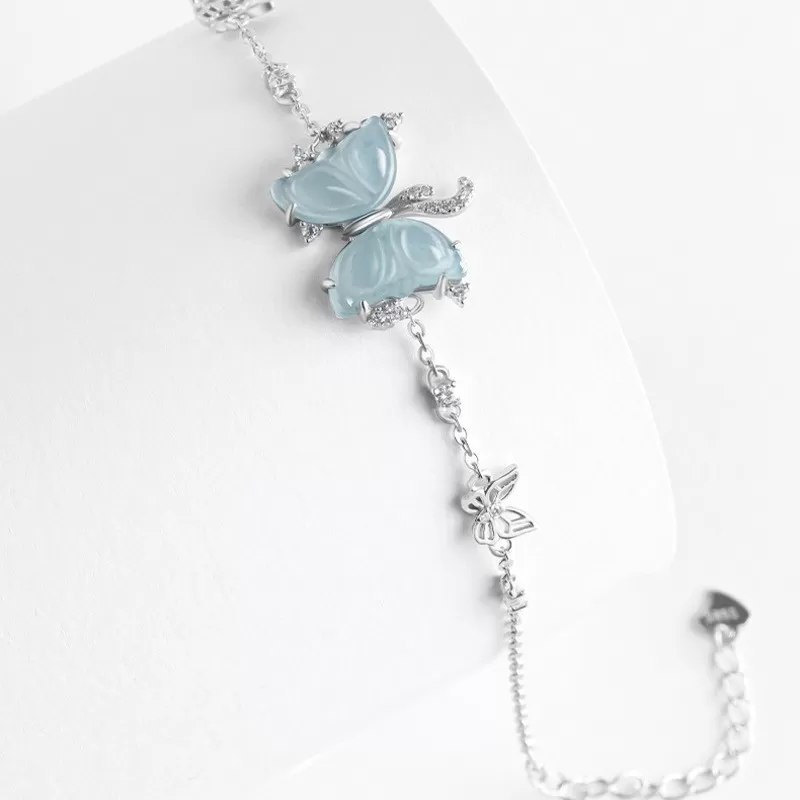 Blue Jadeite Butterfly Bracelet | Natural Ice Jade with S925 Silver