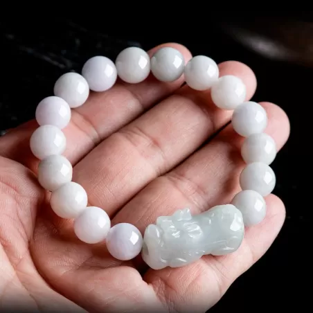 White Jadeite Pixiu Wealth Bracelet | Grade-A Ice Jade | Natural Burmese Jade Jewelry