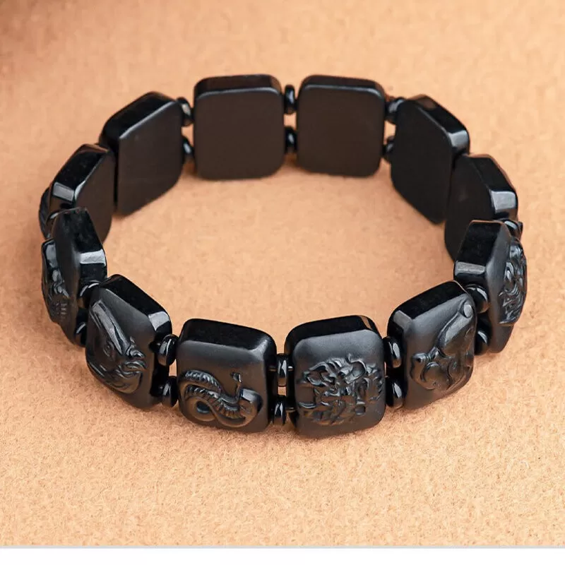 Black Jadeite Chinese Zodiac Bracelet | Grade-A Natural Jade | Men's Handcrafted Lucky Charm