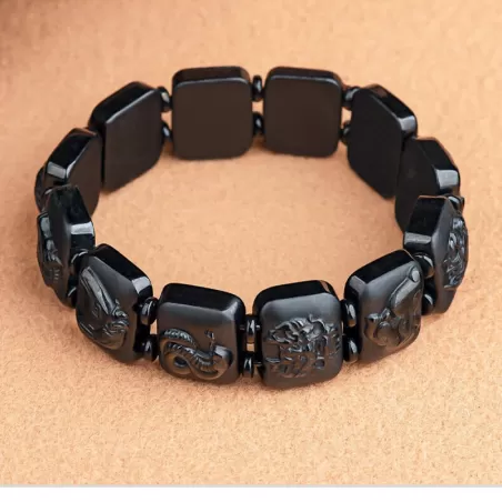 Black Jadeite Chinese Zodiac Bracelet | Grade-A Natural Jade | Men's Handcrafted Lucky Charm