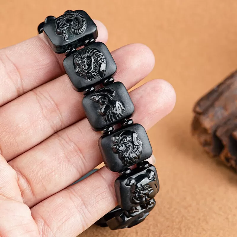 Black Jadeite Chinese Zodiac Bracelet | Grade-A Natural Jade | Men's Handcrafted Lucky Charm