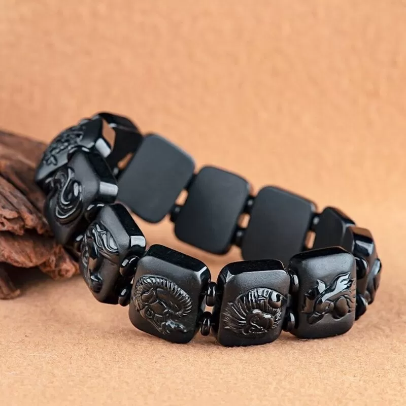 Black Jadeite Chinese Zodiac Bracelet | Grade-A Natural Jade | Men's Handcrafted Lucky Charm