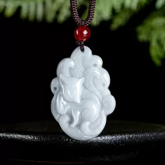 Nine-Tailed Fox Jade Pendant | White Burmese Jade | Hand-Carved Lucky Charm