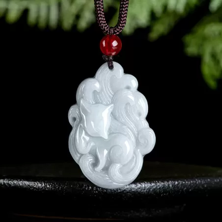 Nine-Tailed Fox Jade Pendant | White Burmese Jade | Hand-Carved Lucky Charm