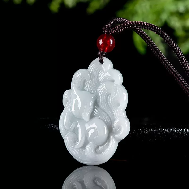 Nine-Tailed Fox Jade Pendant | White Burmese Jade | Hand-Carved Lucky Charm