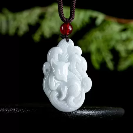 Nine-Tailed Fox Jade Pendant | White Burmese Jade | Hand-Carved Lucky Charm