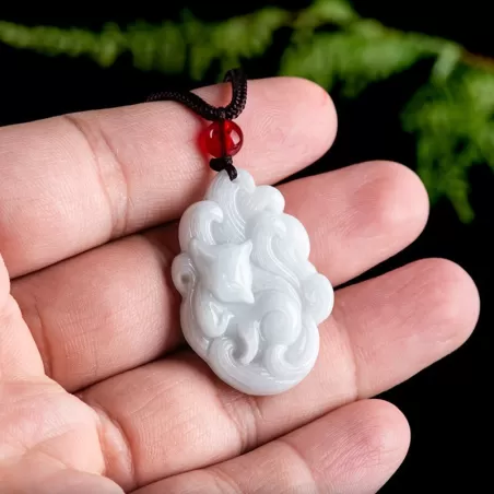 Nine-Tailed Fox Jade Pendant | White Burmese Jade | Hand-Carved Lucky Charm