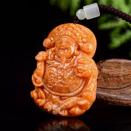God of Wealth Jadeite Pendant – Burnt-Red Ice Jade Talisman for Prosperity