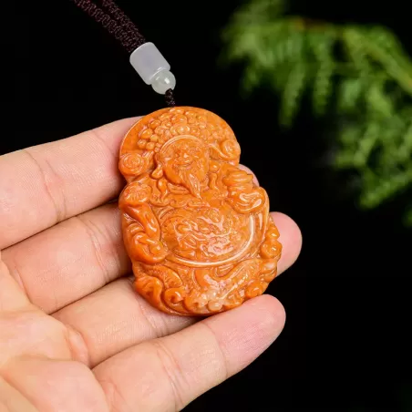 God of Wealth Jadeite Pendant – Burnt-Red Ice Jade Talisman for Prosperity