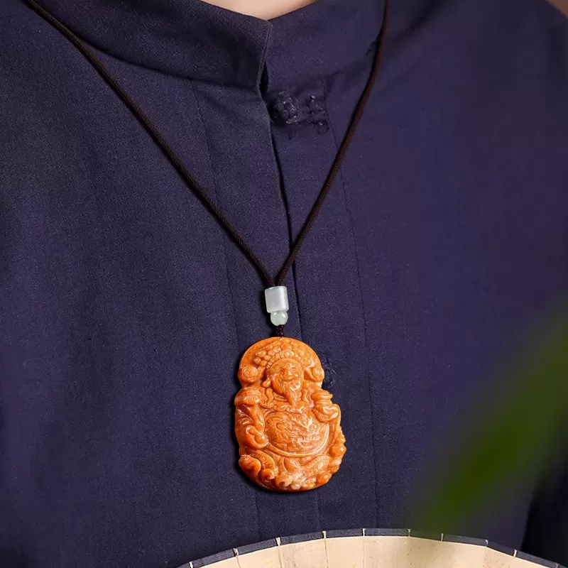 God of Wealth Jadeite Pendant – Burnt-Red Ice Jade Talisman for Prosperity