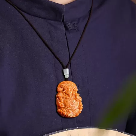 God of Wealth Jadeite Pendant – Burnt-Red Ice Jade Talisman for Prosperity