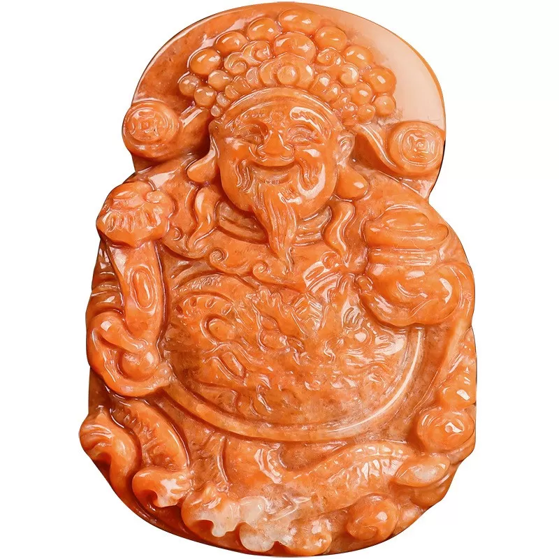 God of Wealth Jadeite Pendant – Burnt-Red Ice Jade Talisman for Prosperity