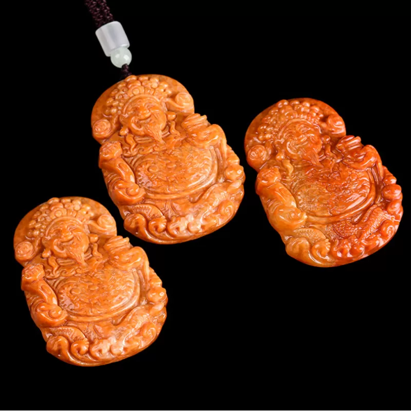 God of Wealth Jadeite Pendant – Burnt-Red Ice Jade Talisman for Prosperity