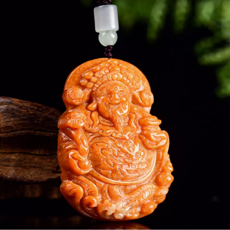 God of Wealth Jadeite Pendant – Burnt-Red Ice Jade Talisman for Prosperity