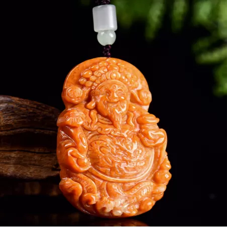 God of Wealth Jadeite Pendant – Burnt-Red Ice Jade Talisman for Prosperity