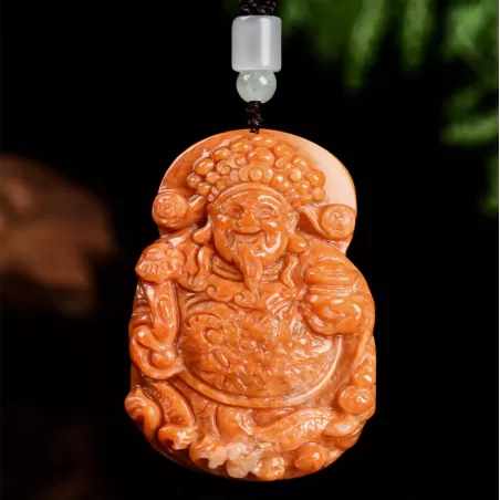 God of Wealth Jadeite Pendant – Burnt-Red Ice Jade Talisman for Prosperity