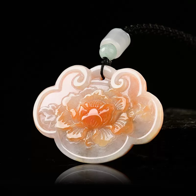Natural Burnt-Red Burmese Jadeite Ruyi Peony Pendant | Auspicious Ice Jade Amulet for Men & Women