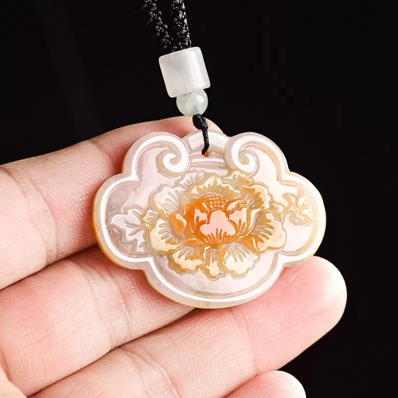 Natural Burnt-Red Burmese Jadeite Ruyi Peony Pendant | Auspicious Ice Jade Amulet for Men & Women