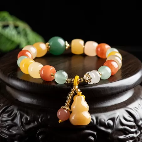 Golden Silk Jade Pumpkin Bracelet | Multicolor Aventurine Accent | Feng Shui Jewelry