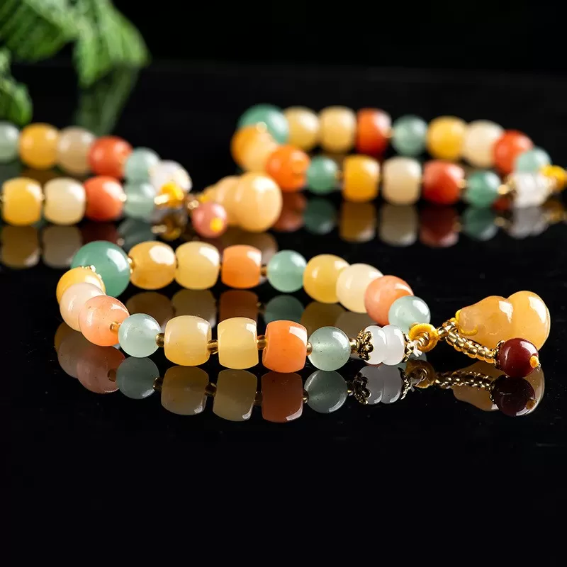 Golden Silk Jade Pumpkin Bracelet | Multicolor Aventurine Accent | Feng Shui Jewelry