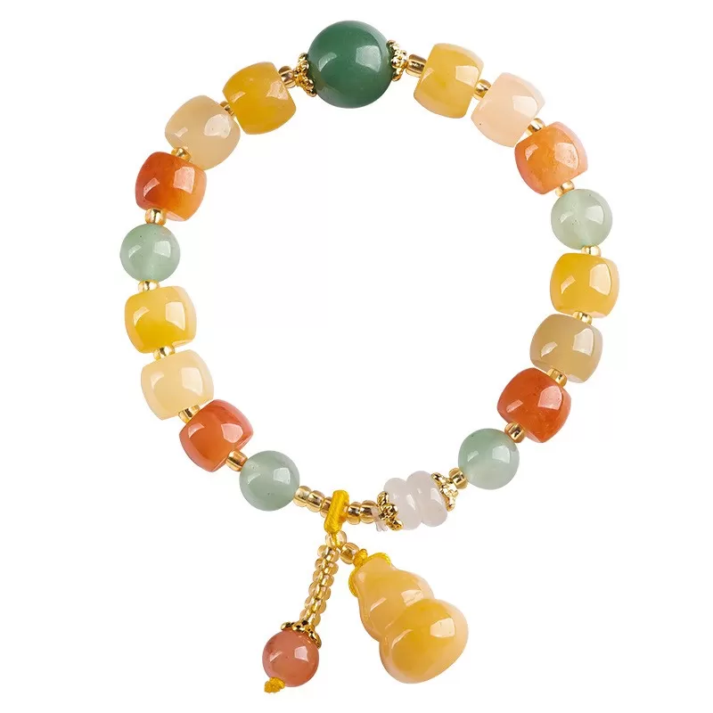 Golden Silk Jade Pumpkin Bracelet | Multicolor Aventurine Accent | Feng Shui Jewelry