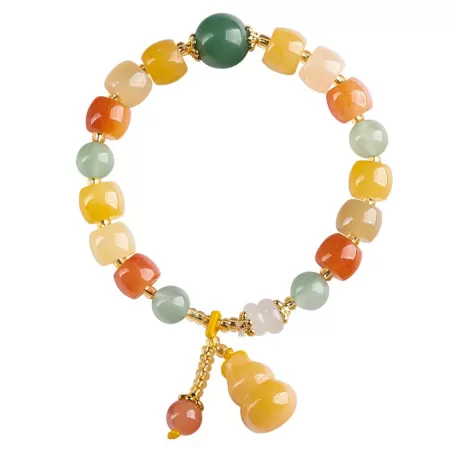 Golden Silk Jade Pumpkin Bracelet | Multicolor Aventurine Accent | Feng Shui Jewelry