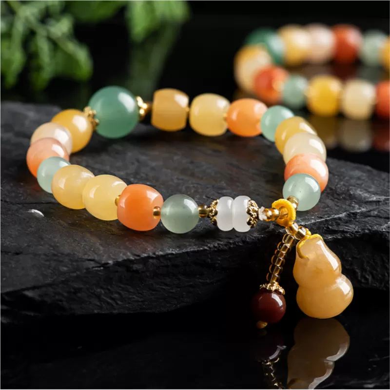 Golden Silk Jade Pumpkin Bracelet | Multicolor Aventurine Accent | Feng Shui Jewelry