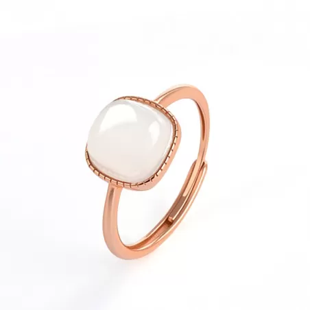 White Hetian Jade Cabochon Ring for Women | Rose Gold Adjustable S925 Silver Jade Jewelry
