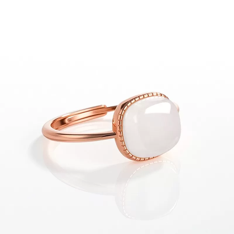 White Hetian Jade Cabochon Ring for Women | Rose Gold Adjustable S925 Silver Jade Jewelry