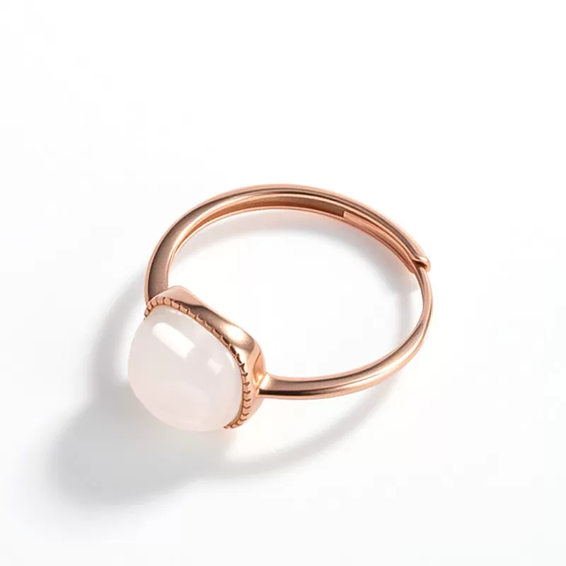 White Hetian Jade Cabochon Ring for Women | Rose Gold Adjustable S925 Silver Jade Jewelry