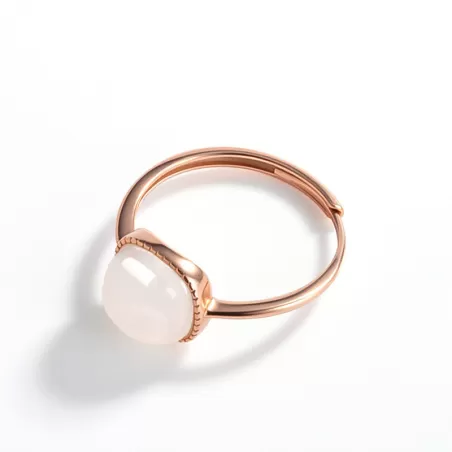 White Hetian Jade Cabochon Ring for Women | Rose Gold Adjustable S925 Silver Jade Jewelry