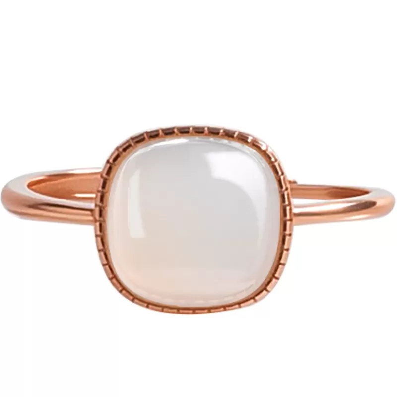 White Hetian Jade Cabochon Ring for Women | Rose Gold Adjustable S925 Silver Jade Jewelry