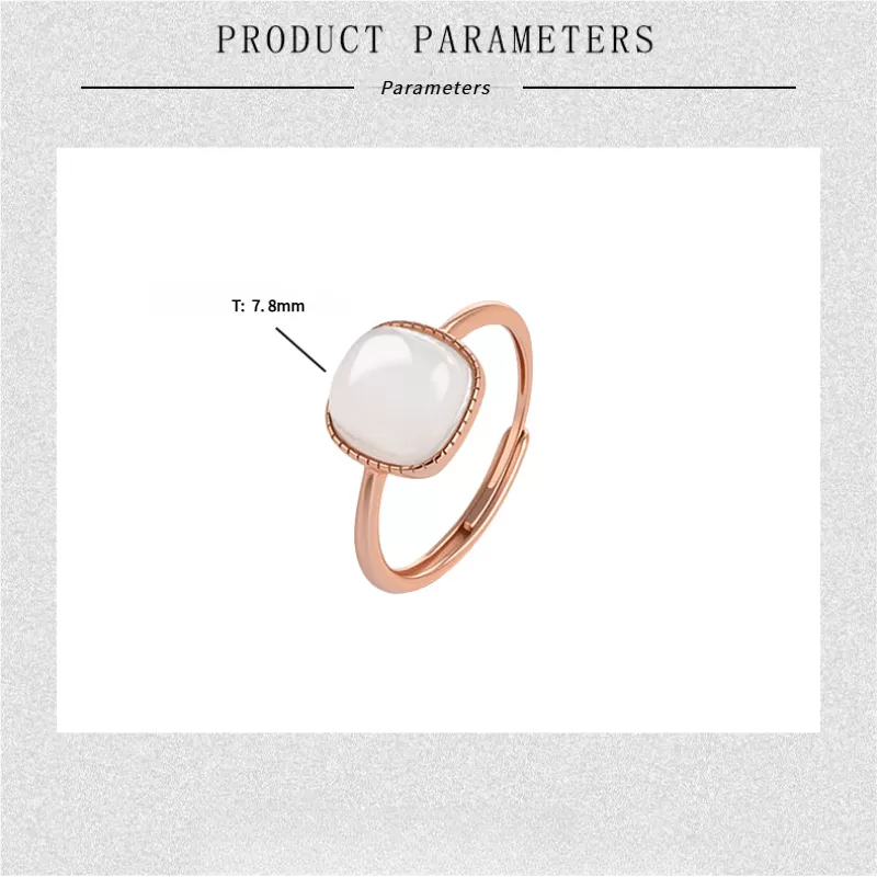 White Hetian Jade Cabochon Ring for Women | Rose Gold Adjustable S925 Silver Jade Jewelry