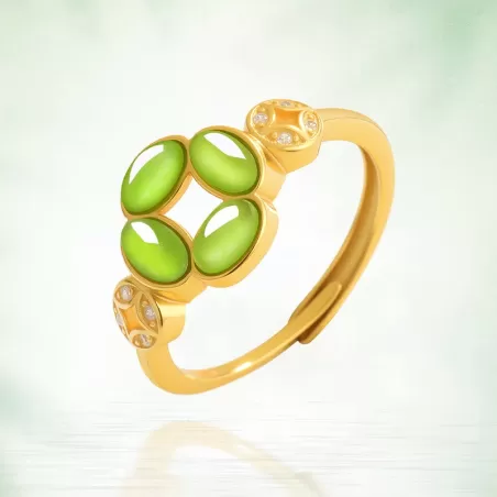 Hetian Green Jade Clover Ring | Adjustable S925 Silver Jade Jewelry for Men and Women