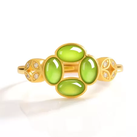 Hetian Green Jade Clover Ring | Adjustable S925 Silver Jade Jewelry for Men and Women