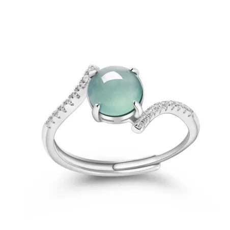 Natural Type-A Blue Jade Cabochon Ring | Ice Jadeite S925 Silver Adjustable Ring for Women