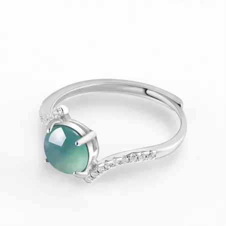 Natural Type-A Blue Jade Cabochon Ring | Ice Jadeite S925 Silver Adjustable Ring for Women