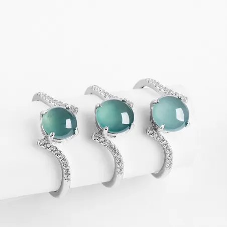 Natural Type-A Blue Jade Cabochon Ring | Ice Jadeite S925 Silver Adjustable Ring for Women