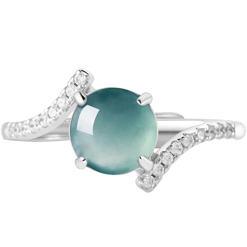Natural Type-A Blue Jade Cabochon Ring | Ice Jadeite S925 Silver Adjustable Ring for Women