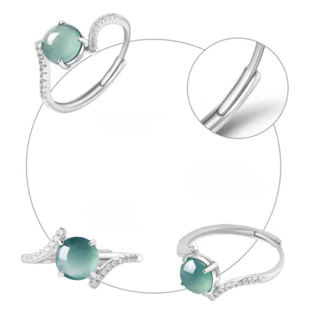 Natural Type-A Blue Jade Cabochon Ring | Ice Jadeite S925 Silver Adjustable Ring for Women