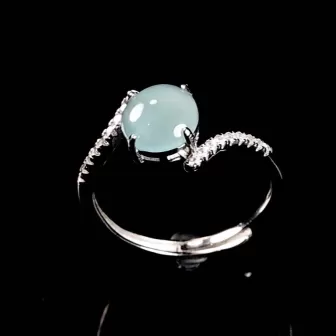 Natural Type-A Blue Jade Cabochon Ring | Ice Jadeite S925 Silver Adjustable Ring for Women