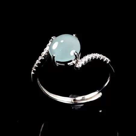 Natural Type-A Blue Jade Cabochon Ring | Ice Jadeite S925 Silver Adjustable Ring for Women