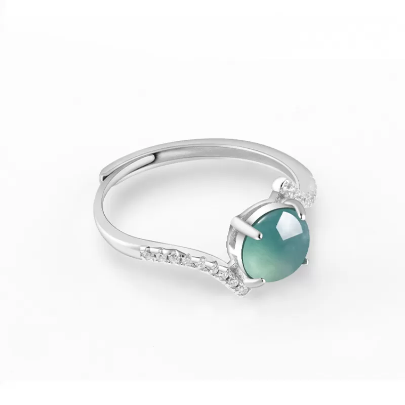 Natural Type-A Blue Jade Cabochon Ring | Ice Jadeite S925 Silver Adjustable Ring for Women