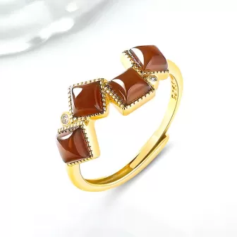 Natural Sugar Jade Geometric Ring | Yellow-Brown Hetian Jade | S925 Silver Plated | Elegant Vintage Style