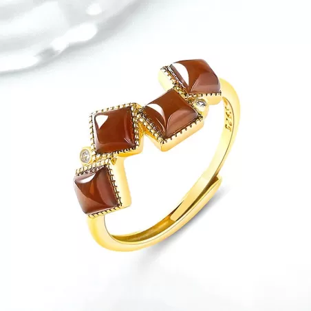 Natural Sugar Jade Geometric Ring | Yellow-Brown Hetian Jade | S925 Silver Plated | Elegant Vintage Style