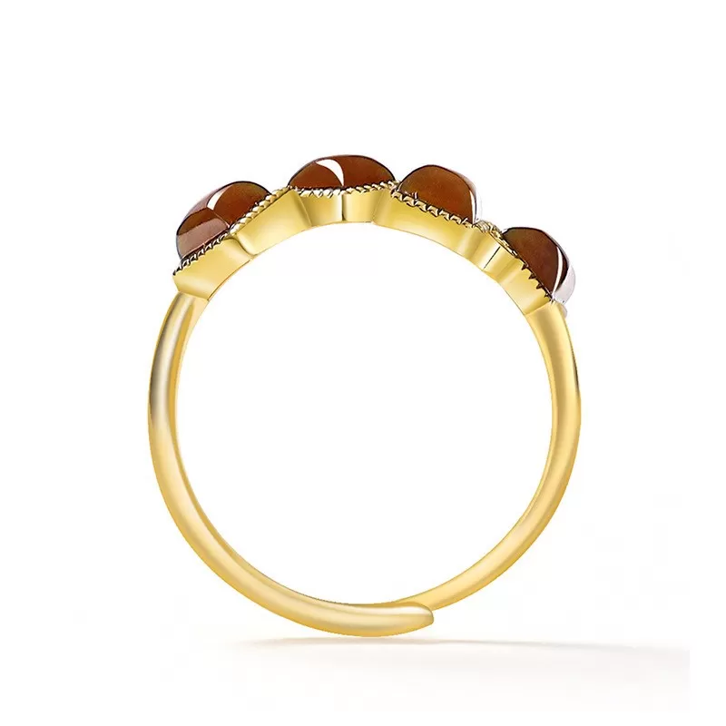 Natural Sugar Jade Geometric Ring | Yellow-Brown Hetian Jade | S925 Silver Plated | Elegant Vintage Style
